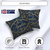 Custom Name Luxury Gold Floral Vine Scroll on Deep Blue Seamless Square Filled Cushion Throw Pillow Sofa Bed Home Decor Zip Washable UK Made