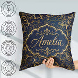 Custom Name Luxury Gold Floral Vine Scroll on Deep Blue Seamless Square Filled Cushion Throw Pillow Sofa Bed Home Decor Zip Washable UK Made
