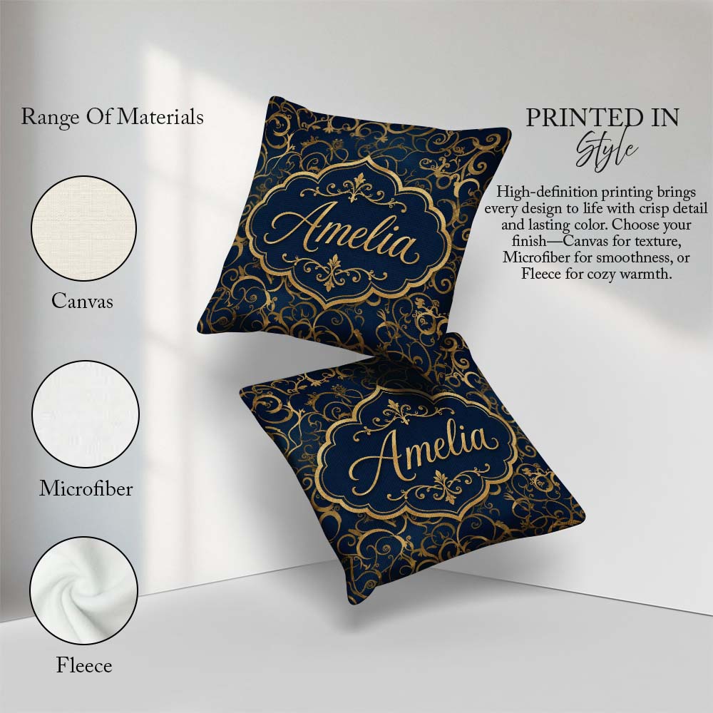 Custom Name Luxury Gold Floral Vine Scroll on Deep Blue Seamless Square Filled Cushion Throw Pillow Sofa Bed Home Decor Zip Washable UK Made