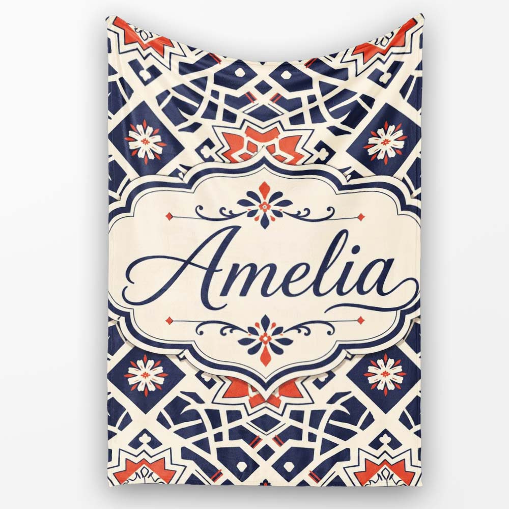 Navy Red Geometric Star Tile Mediterranean Seamless Pattern Lovely  Personalised Custom Name Super Soft Fleece Blanket Bed Sofa Throw