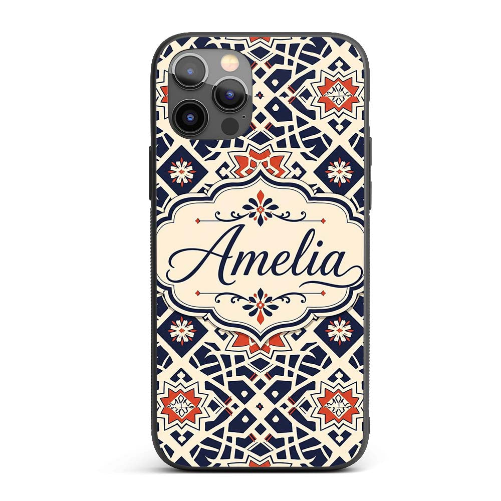 Navy Red Geometric Star Tile Decorative Design Custom Name Protective Phone Case Mobile Cover Durable Everyday Smartphone Shock Resistant