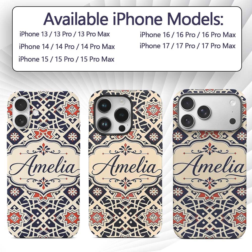 Navy Red Geometric Star Tile Decorative Design Custom Name Protective Phone Case Mobile Cover Durable Everyday Smartphone Shock Resistant