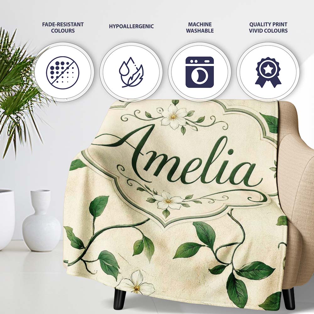 Delicate White Floral Vine on Textured Beige Elegant Seamless Lovely  Personalised Custom Name Super Soft Fleece Blanket Bed Sofa Throw