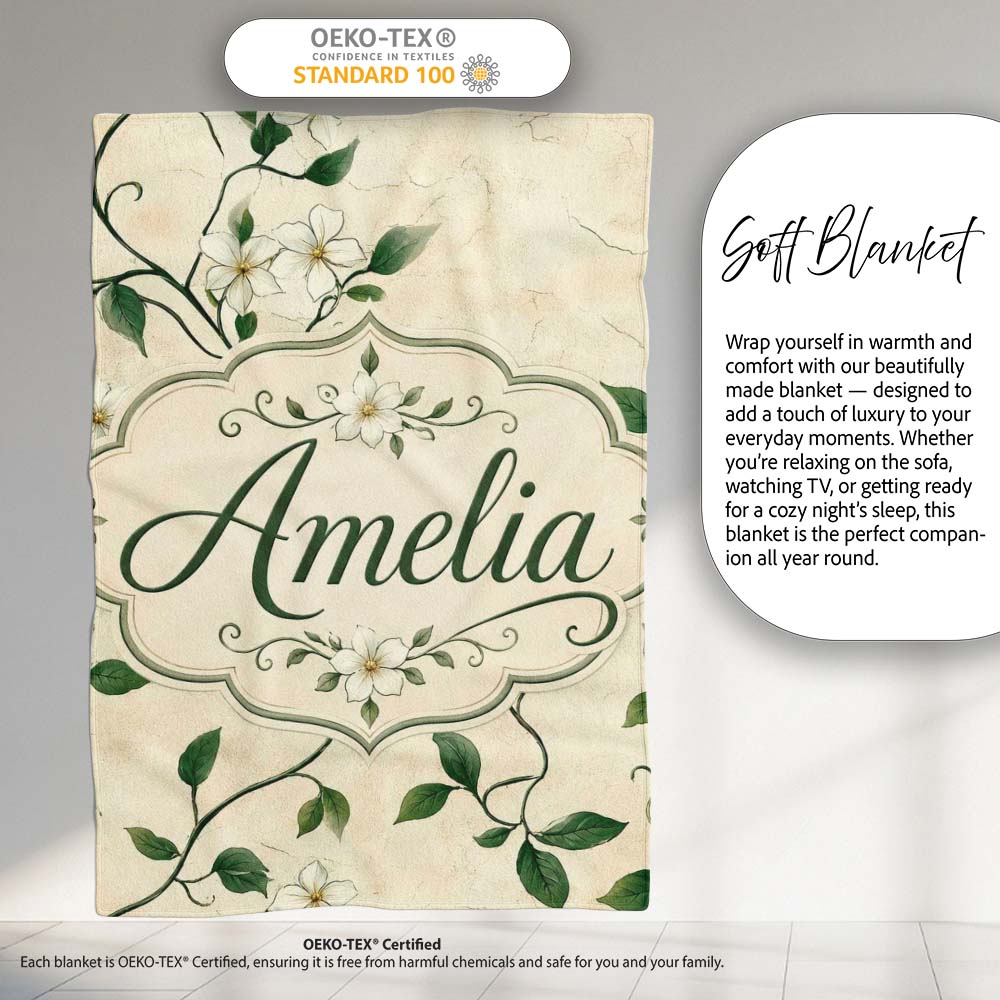 Delicate White Floral Vine on Textured Beige Elegant Seamless Lovely  Personalised Custom Name Super Soft Fleece Blanket Bed Sofa Throw