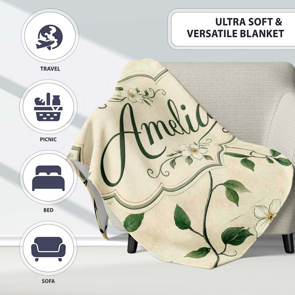 Delicate White Floral Vine on Textured Beige Elegant Seamless Lovely  Personalised Custom Name Super Soft Fleece Blanket Bed Sofa Throw