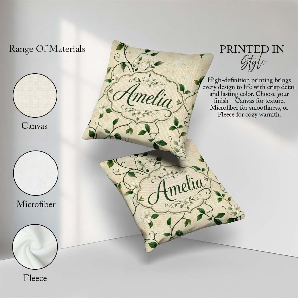 Custom Name Delicate White Floral Vine on Textured Beige Elegant Square Filled Cushion Throw Pillow Sofa Bed Home Decor Zip Washable UK Made