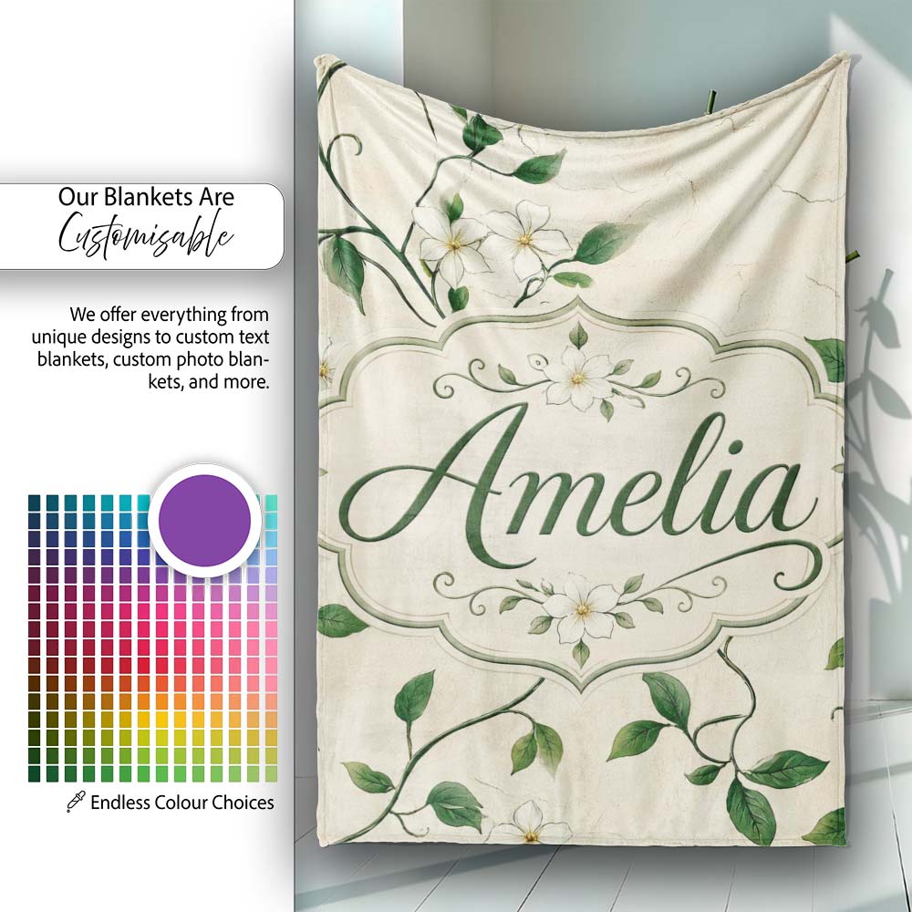 Delicate White Floral Vine on Textured Beige Elegant Seamless Lovely  Personalised Custom Name Super Soft Fleece Blanket Bed Sofa Throw