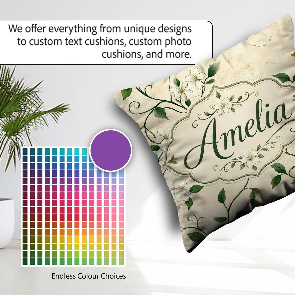 Custom Name Delicate White Floral Vine on Textured Beige Elegant Square Filled Cushion Throw Pillow Sofa Bed Home Decor Zip Washable UK Made
