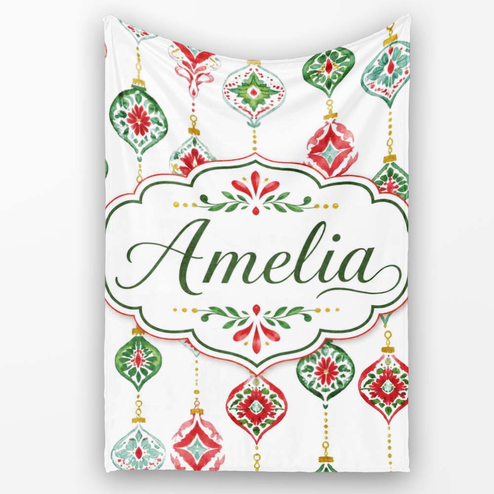 Festive Christmas Ornament Watercolor Hanging Baubles Seamless  Personalised Custom Name Super Soft Fleece Blanket Bed Sofa Throw