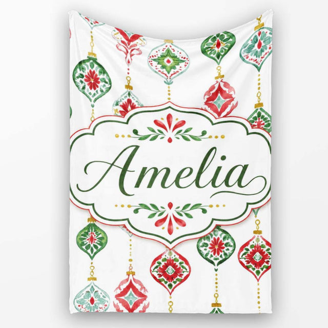 Festive Christmas Ornament Watercolor Hanging Baubles Seamless  Personalised Custom Name Super Soft Fleece Blanket Bed Sofa Throw
