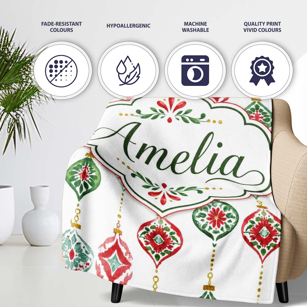Festive Christmas Ornament Watercolor Hanging Baubles Seamless  Personalised Custom Name Super Soft Fleece Blanket Bed Sofa Throw