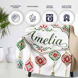 Festive Christmas Ornament Watercolor Hanging Baubles Seamless  Personalised Custom Name Super Soft Fleece Blanket Bed Sofa Throw