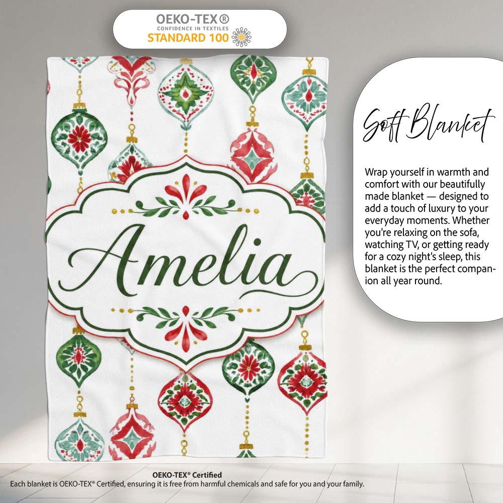 Festive Christmas Ornament Watercolor Hanging Baubles Seamless  Personalised Custom Name Super Soft Fleece Blanket Bed Sofa Throw