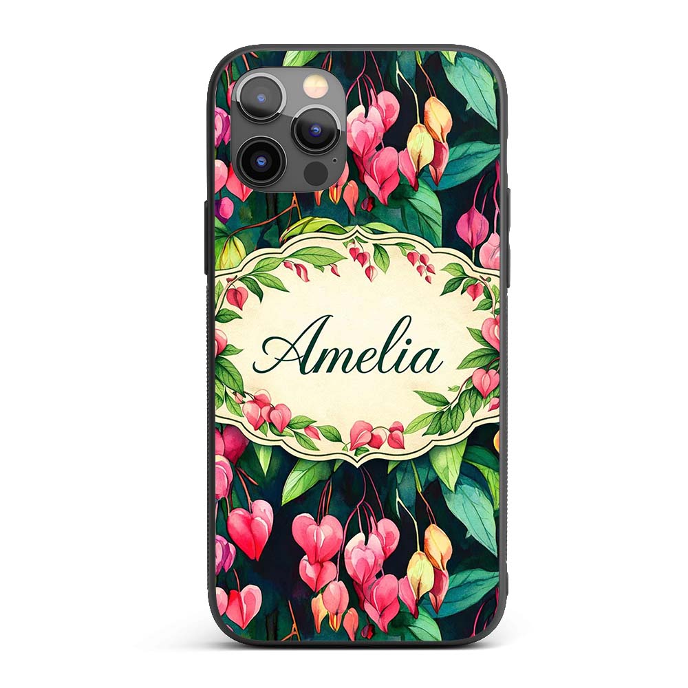 Pink Bleeding Heart Flowers Botanical Watercolor Custom Name Protective Phone Case Mobile Cover Durable Everyday Smartphone Shock Resistant