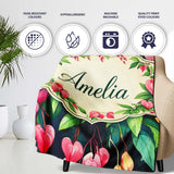 Pink Bleeding Heart Flowers Botanical Watercolor Floral Pattern  Personalised Custom Name Super Soft Fleece Blanket Bed Sofa Throw