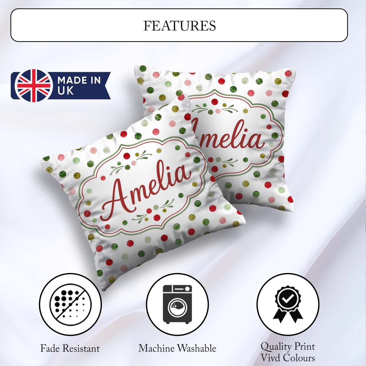 Custom Name Red Green Polka Dot Festive Seamless Pattern Lovely Square Filled Cushion Throw Pillow Sofa Bed Home Decor Zip Washable UK Made