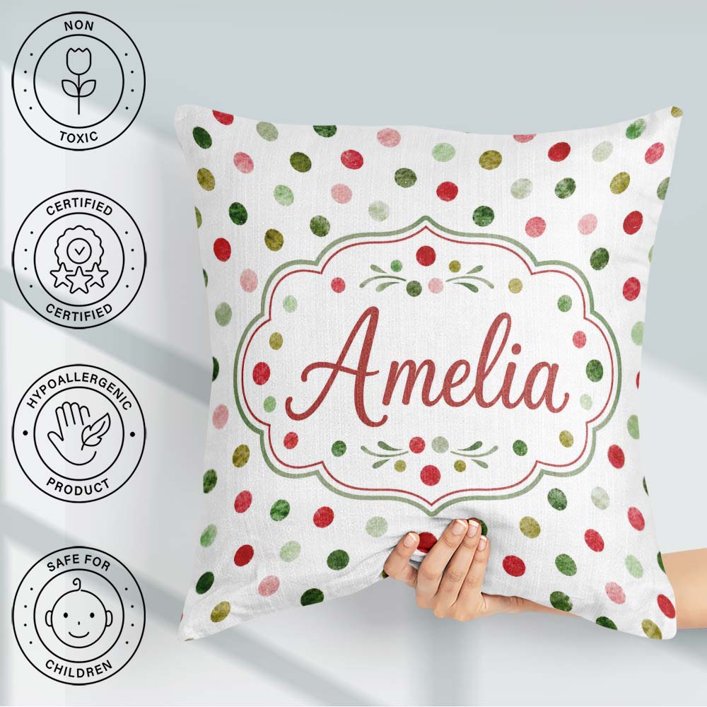 Custom Name Red Green Polka Dot Festive Seamless Pattern Lovely Square Filled Cushion Throw Pillow Sofa Bed Home Decor Zip Washable UK Made