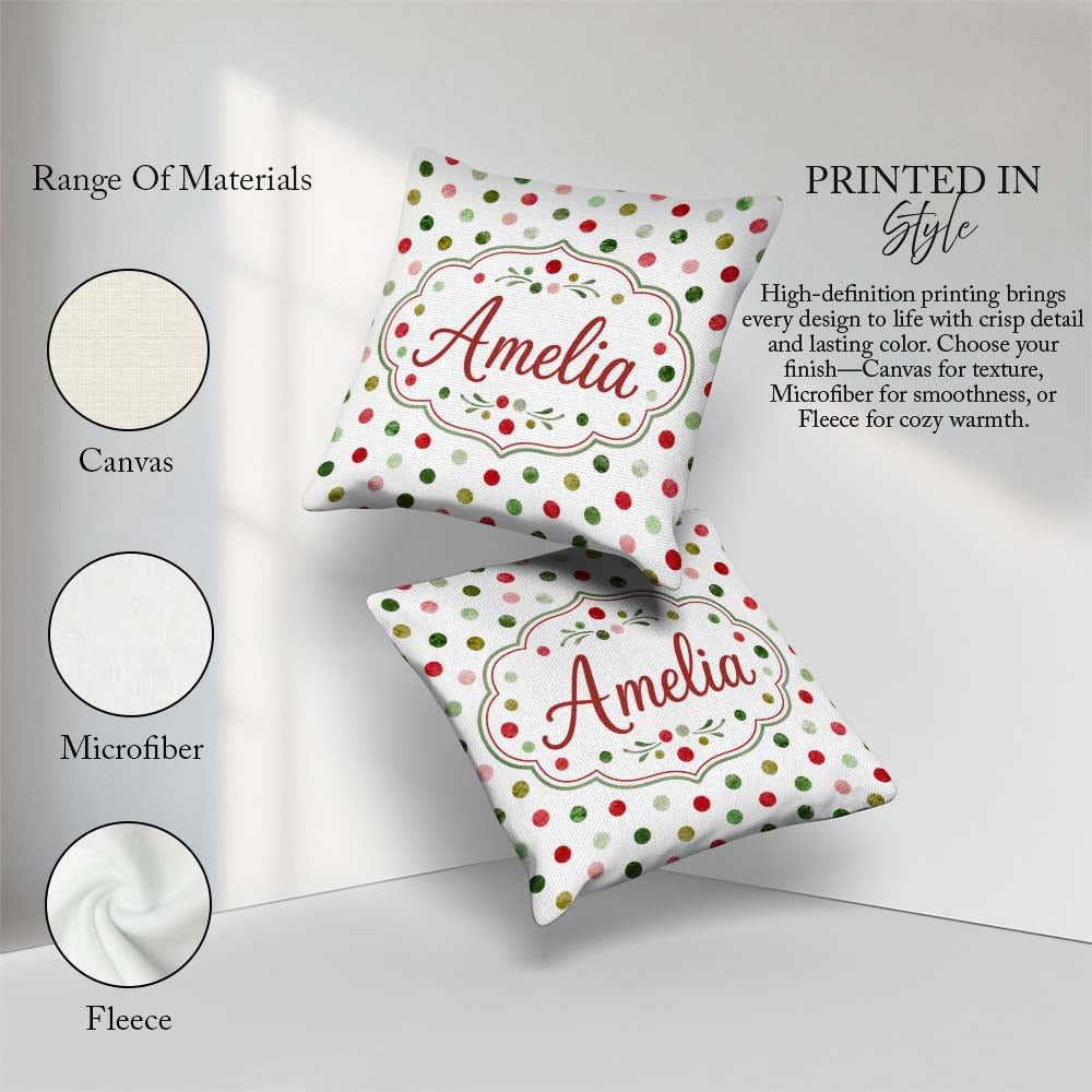 Custom Name Red Green Polka Dot Festive Seamless Pattern Lovely Square Filled Cushion Throw Pillow Sofa Bed Home Decor Zip Washable UK Made