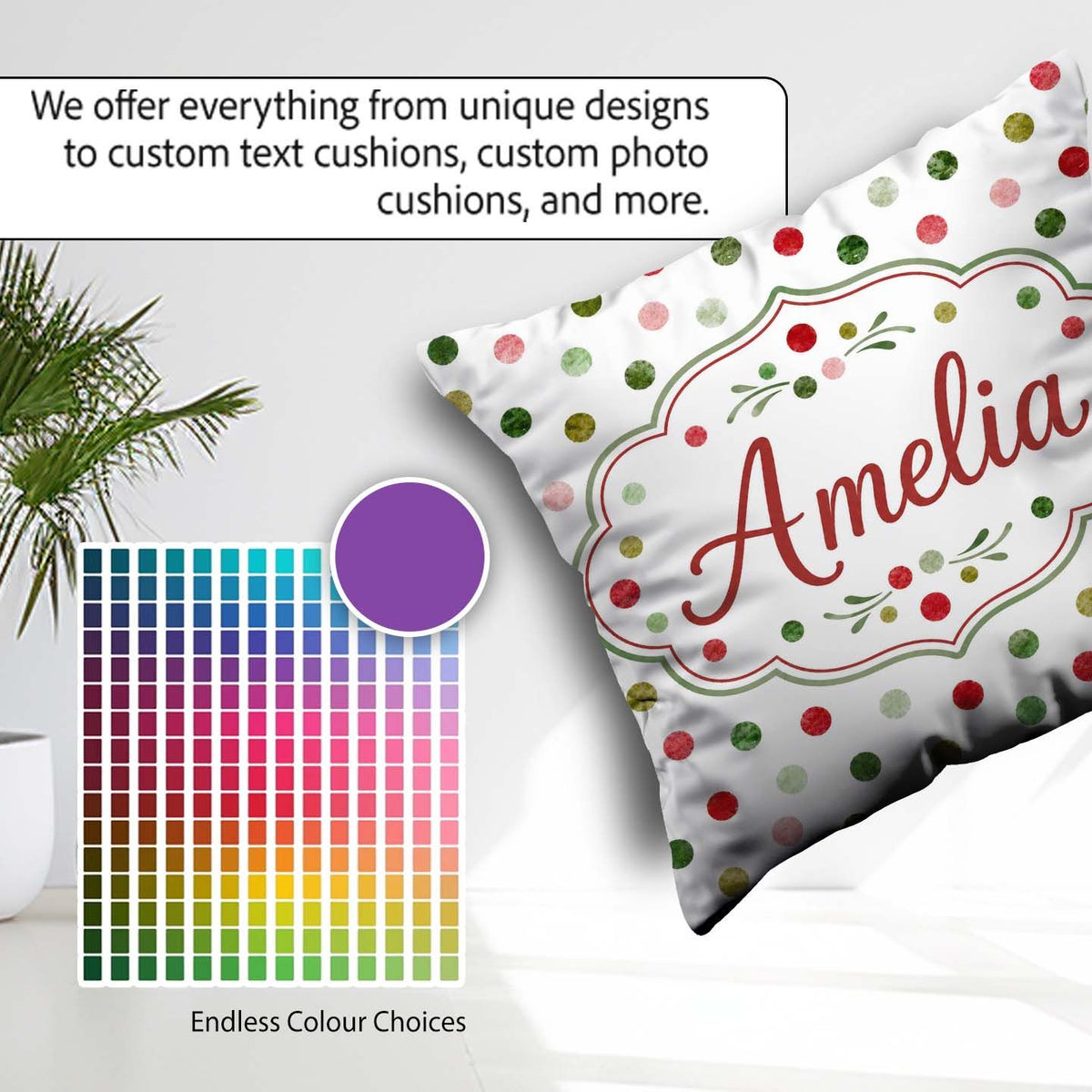 Custom Name Red Green Polka Dot Festive Seamless Pattern Lovely Square Filled Cushion Throw Pillow Sofa Bed Home Decor Zip Washable UK Made