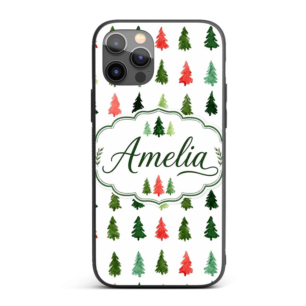 Watercolor Christmas Tree Pattern Green and Red Custom Name Protective Phone Case Mobile Cover Durable Everyday Smartphone Shock Resistant