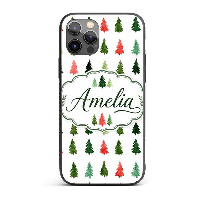 Watercolor Christmas Tree Pattern Green and Red Custom Name Protective Phone Case Mobile Cover Durable Everyday Smartphone Shock Resistant