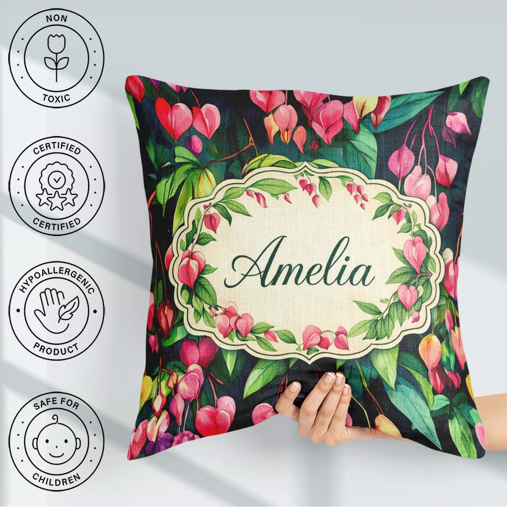 Custom Name Pink Bleeding Heart Flowers Botanical Floral Pattern Square Filled Cushion Throw Pillow Sofa Bed Home Decor Zip Washable UK Made
