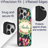 Pink Bleeding Heart Flowers Botanical Watercolor Custom Name Protective Phone Case Mobile Cover Durable Everyday Smartphone Shock Resistant