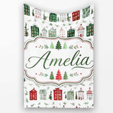 Watercolor Holiday Village Houses Snowy Christmas Town Seamless  Personalised Custom Name Super Soft Fleece Blanket Bed Sofa Throw