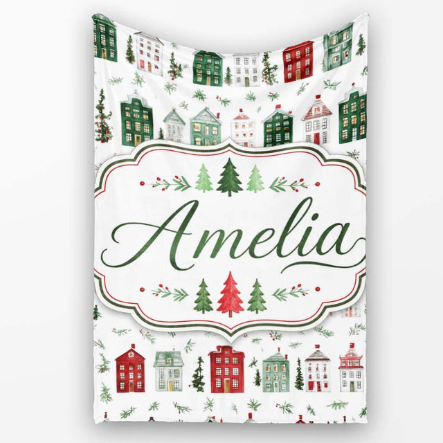 Watercolor Holiday Village Houses Snowy Christmas Town Seamless  Personalised Custom Name Super Soft Fleece Blanket Bed Sofa Throw