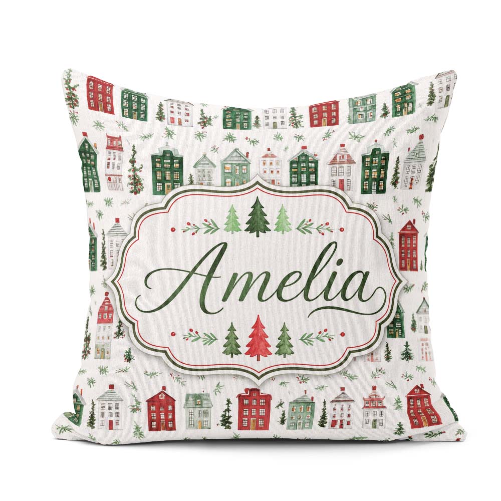 Custom Name Holiday Village Houses Snowy Christmas Town Seamless Square Filled Cushion Throw Pillow Sofa Bed Home Decor Zip Washable UK Made
