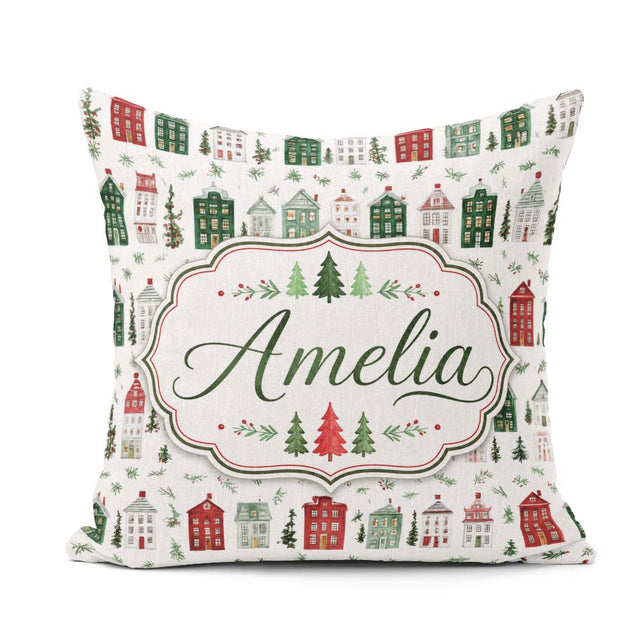 Custom Name Holiday Village Houses Snowy Christmas Town Seamless Square Filled Cushion Throw Pillow Sofa Bed Home Decor Zip Washable UK Made