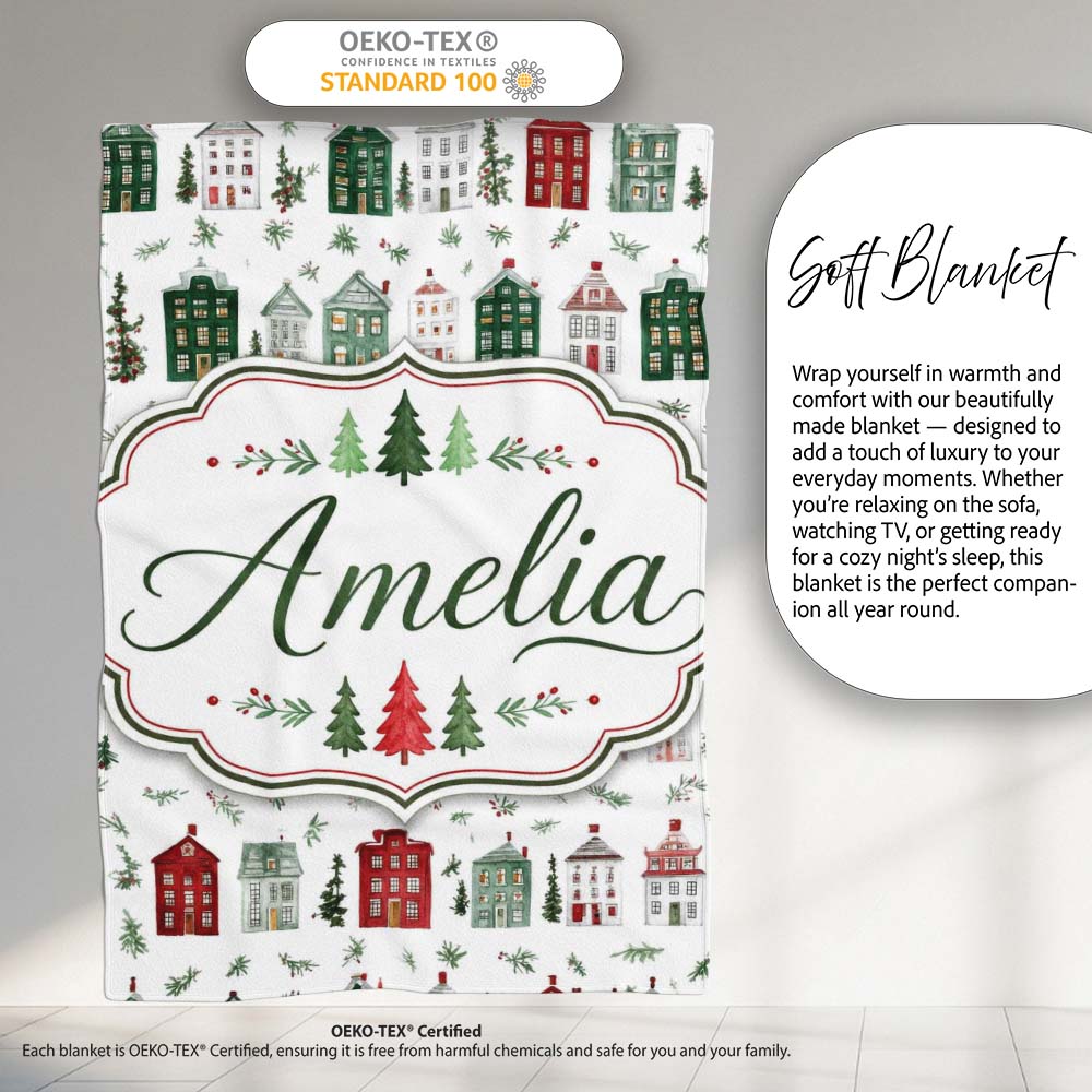 Watercolor Holiday Village Houses Snowy Christmas Town Seamless  Personalised Custom Name Super Soft Fleece Blanket Bed Sofa Throw