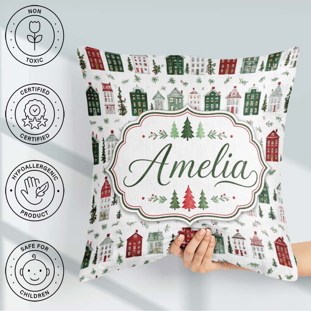 Custom Name Holiday Village Houses Snowy Christmas Town Seamless Square Filled Cushion Throw Pillow Sofa Bed Home Decor Zip Washable UK Made