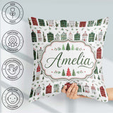 Custom Name Holiday Village Houses Snowy Christmas Town Seamless Square Filled Cushion Throw Pillow Sofa Bed Home Decor Zip Washable UK Made