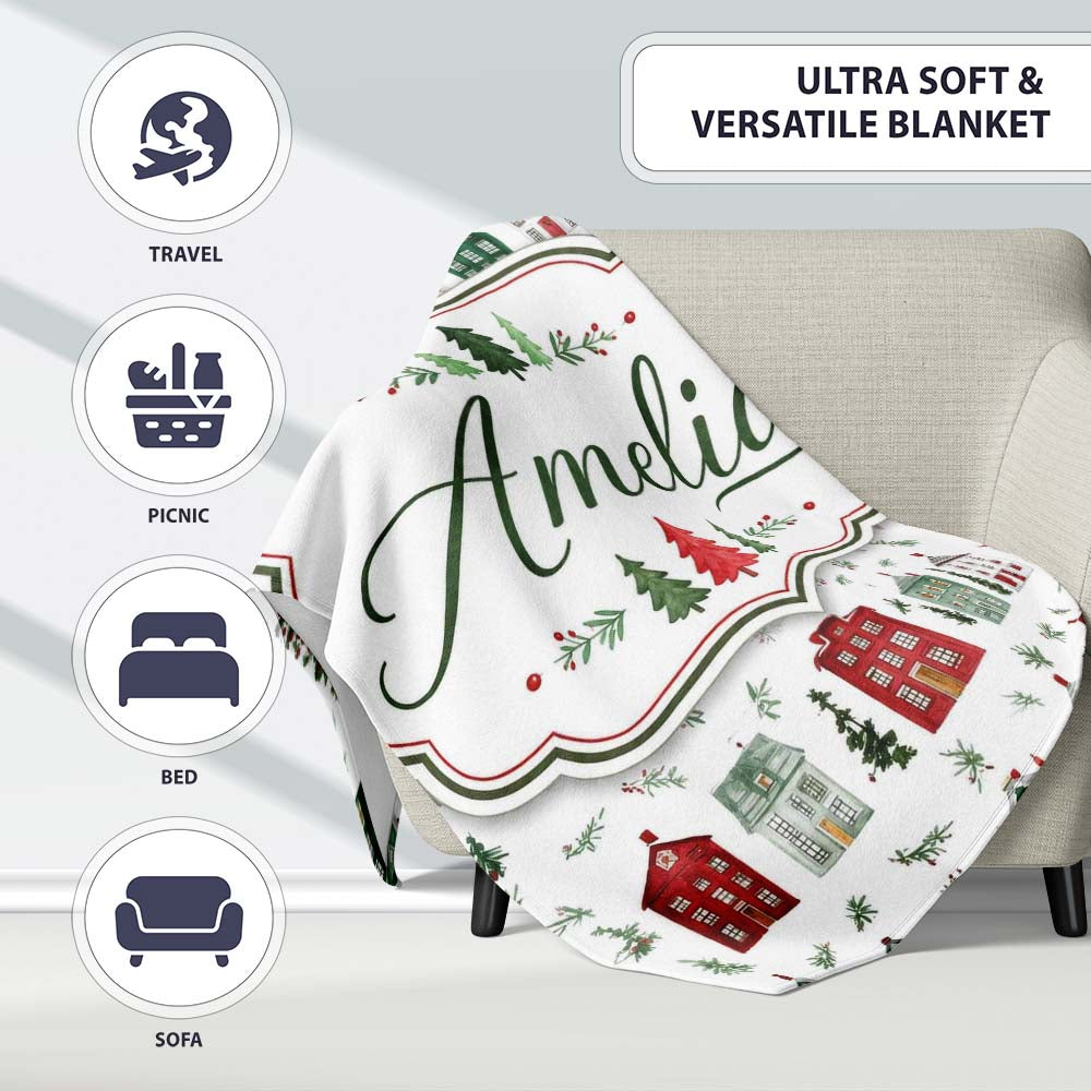 Watercolor Holiday Village Houses Snowy Christmas Town Seamless  Personalised Custom Name Super Soft Fleece Blanket Bed Sofa Throw