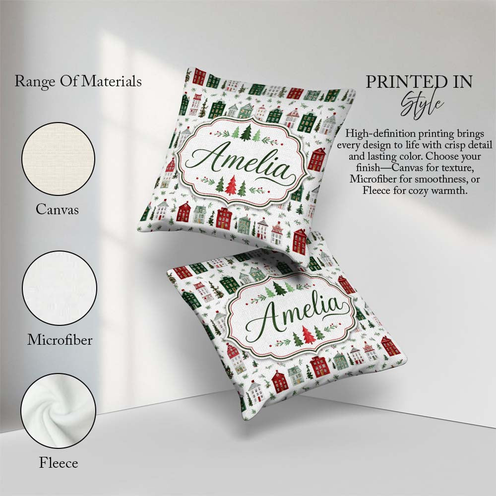 Custom Name Holiday Village Houses Snowy Christmas Town Seamless Square Filled Cushion Throw Pillow Sofa Bed Home Decor Zip Washable UK Made