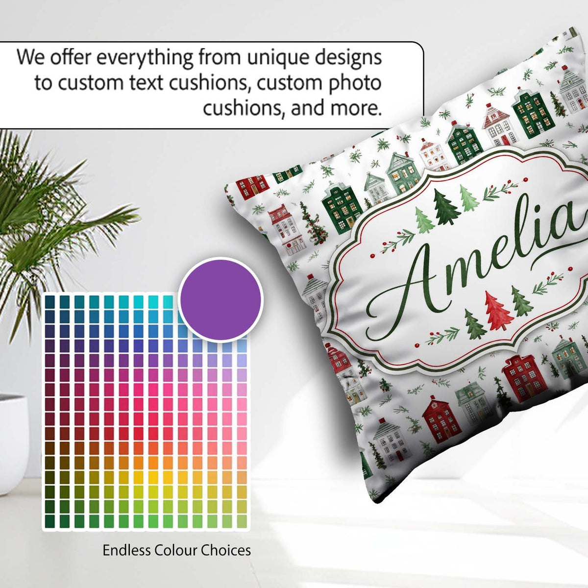 Custom Name Holiday Village Houses Snowy Christmas Town Seamless Square Filled Cushion Throw Pillow Sofa Bed Home Decor Zip Washable UK Made