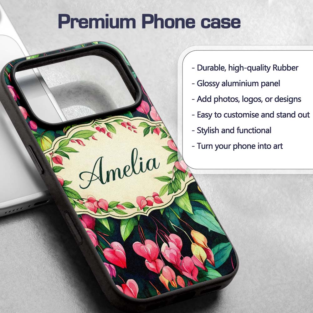 Pink Bleeding Heart Flowers Botanical Watercolor Custom Name Protective Phone Case Mobile Cover Durable Everyday Smartphone Shock Resistant