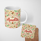 Personalized Custom Name Gingerbread Cookies Candy Cane Socks Pine Branch Festive Seamless 11oz Ceramic Coffee Tea Mug White Large Handle