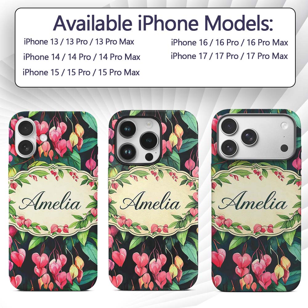 Pink Bleeding Heart Flowers Botanical Watercolor Custom Name Protective Phone Case Mobile Cover Durable Everyday Smartphone Shock Resistant