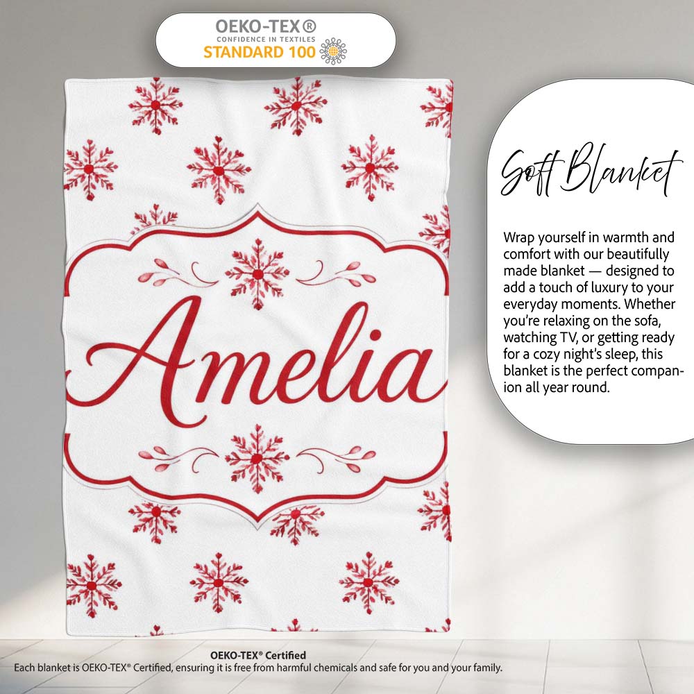 Minimal Red Snowflake Winter Holiday Seamless Pattern Lovely  Personalised Custom Name Super Soft Fleece Blanket Bed Sofa Throw