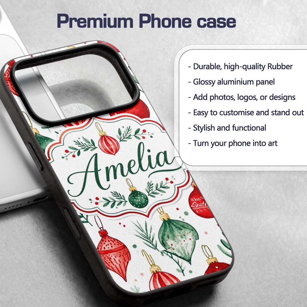 Watercolor Christmas Baubles Ornaments Festive Custom Name Protective Phone Case Mobile Cover Durable Everyday Smartphone Shock Resistant