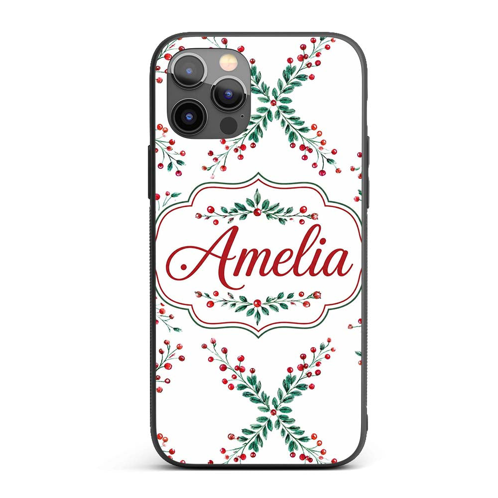 Watercolor Holly Berry Wreath Leaves Festive Custom Name Protective Phone Case Mobile Cover Durable Everyday Smartphone Shock Resistant