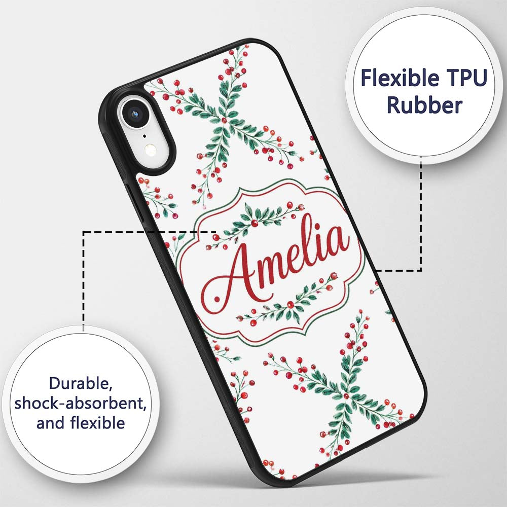 Watercolor Holly Berry Wreath Leaves Festive Custom Name Protective Phone Case Mobile Cover Durable Everyday Smartphone Shock Resistant