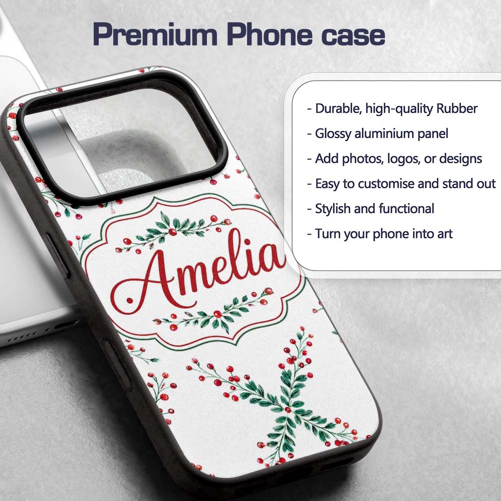 Watercolor Holly Berry Wreath Leaves Festive Custom Name Protective Phone Case Mobile Cover Durable Everyday Smartphone Shock Resistant