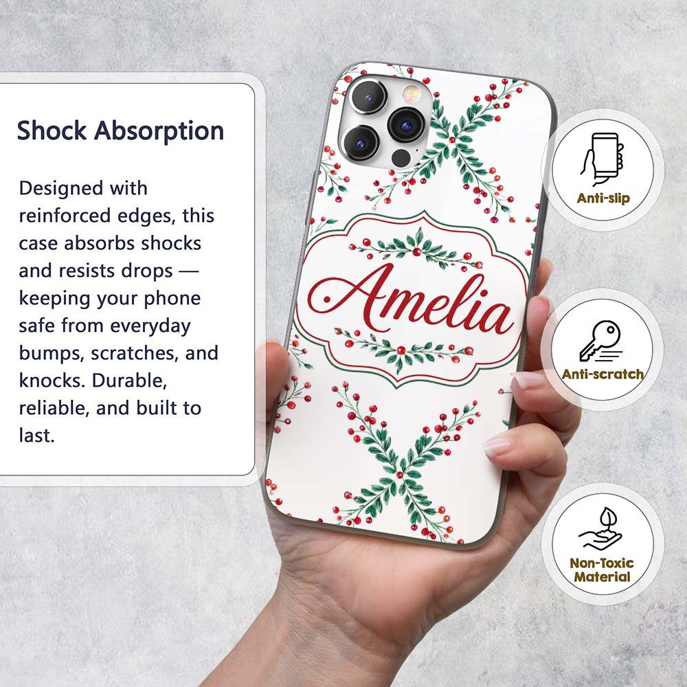 Watercolor Holly Berry Wreath Leaves Festive Custom Name Protective Phone Case Mobile Cover Durable Everyday Smartphone Shock Resistant