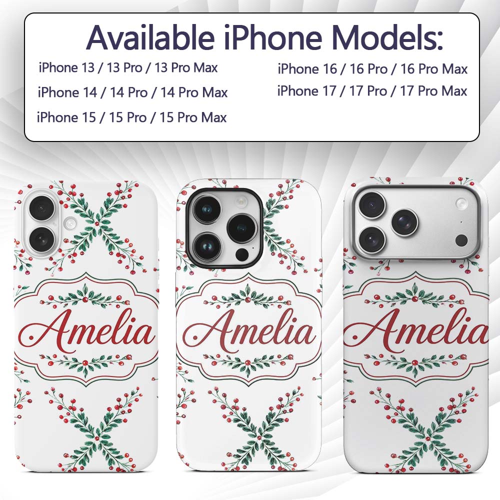 Watercolor Holly Berry Wreath Leaves Festive Custom Name Protective Phone Case Mobile Cover Durable Everyday Smartphone Shock Resistant