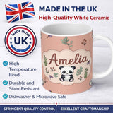 Personalized Custom Name Cute Panda Bear with Bamboo Leaves Floral Seamless Pattern Peach 11oz Ceramic Coffee Tea Mug White Large Handle