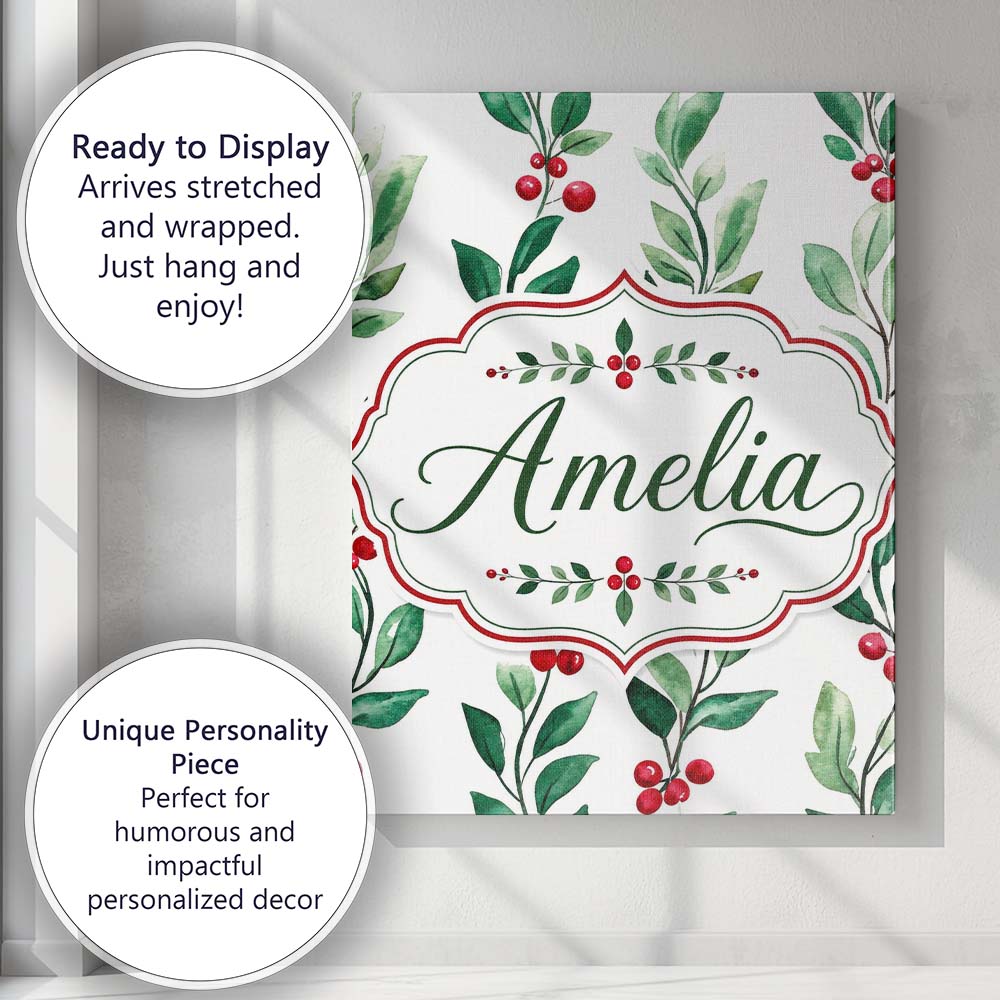 Personalised Name Watercolor Winter Berry Custom  Unique Gift Idea Elegant Feature Canvas Wall Art Print Decor Picture Ready to Hang
