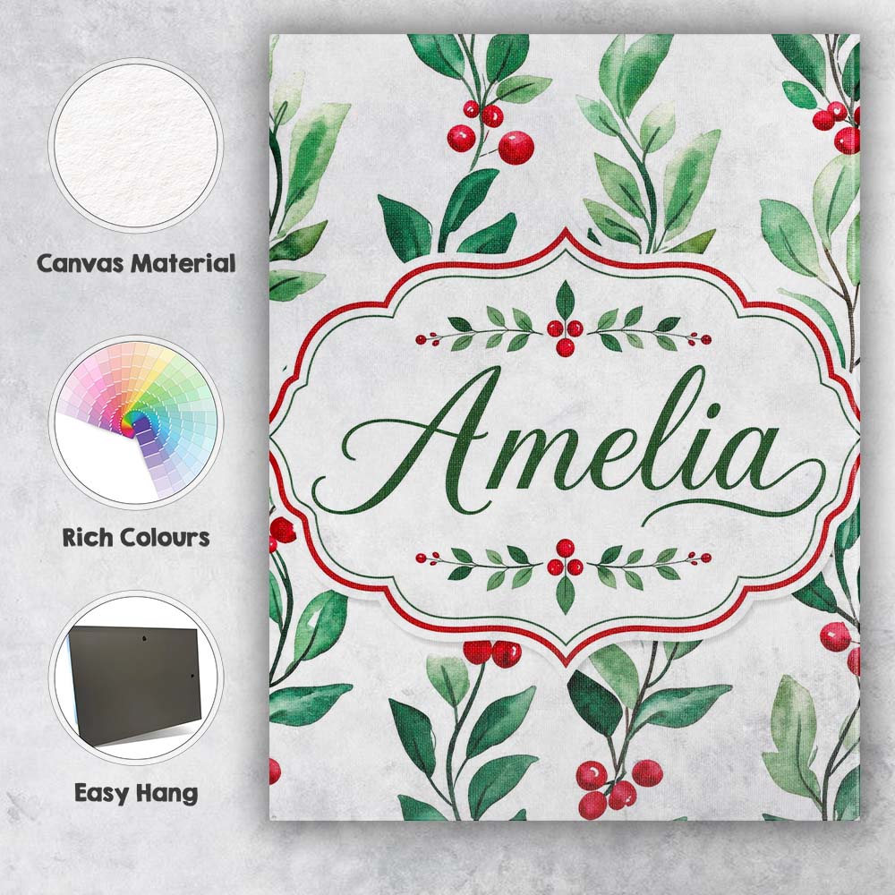 Personalised Name Watercolor Winter Berry Custom  Unique Gift Idea Elegant Feature Canvas Wall Art Print Decor Picture Ready to Hang